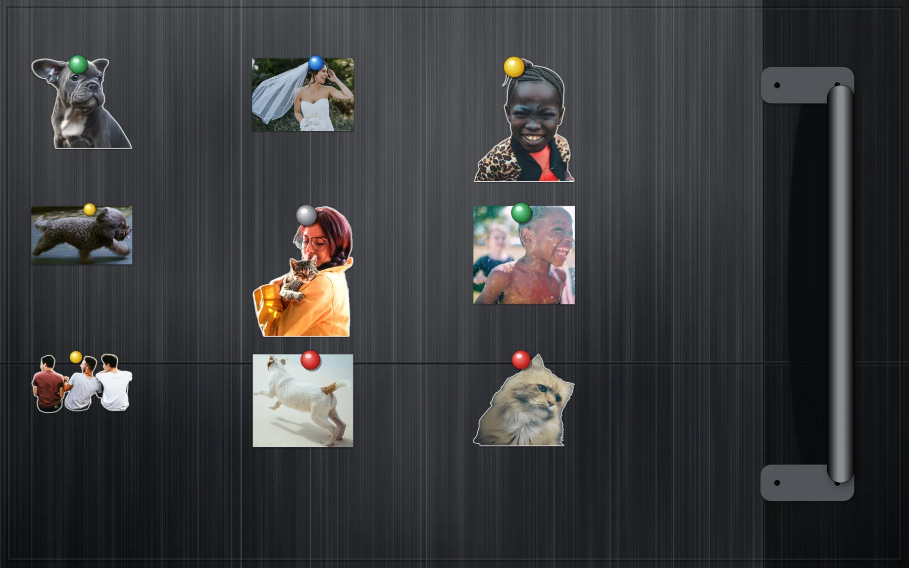 Black fridge wallpaper with photo stickers snapped to a neat grid with magnets