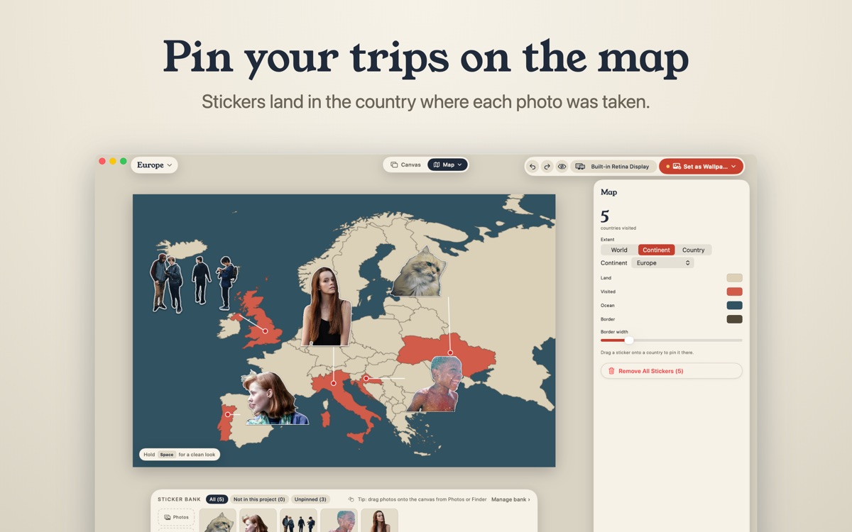 Travel map wallpaper with stickers pinned to visited countries