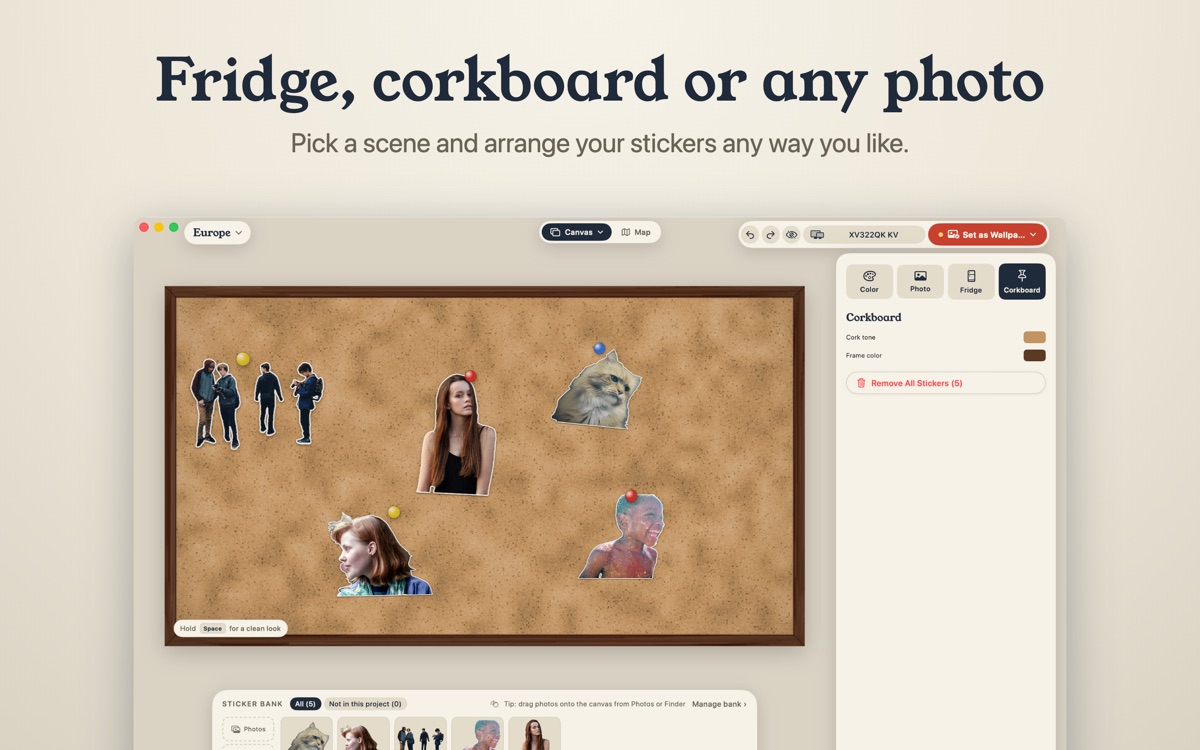 Corkboard scene with pinned photo stickers