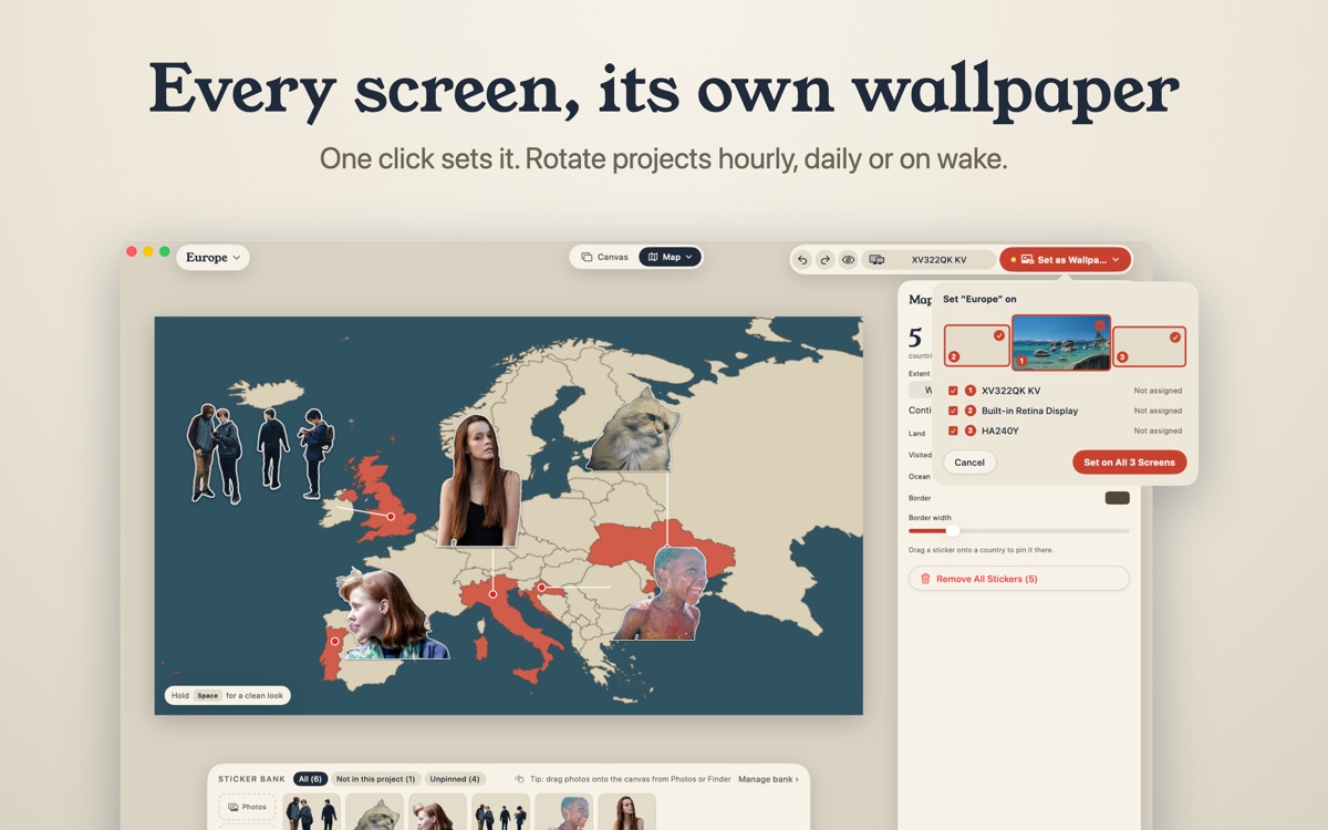 Setting a map project as the wallpaper on three displays